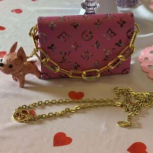 Pink Patterned Crossbody Bag with Gold Chain